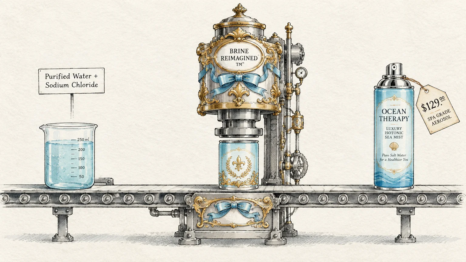 Illustration of a conveyor belt turning plain water and salt into a luxury aerosol spray canister with a $129 price tag.