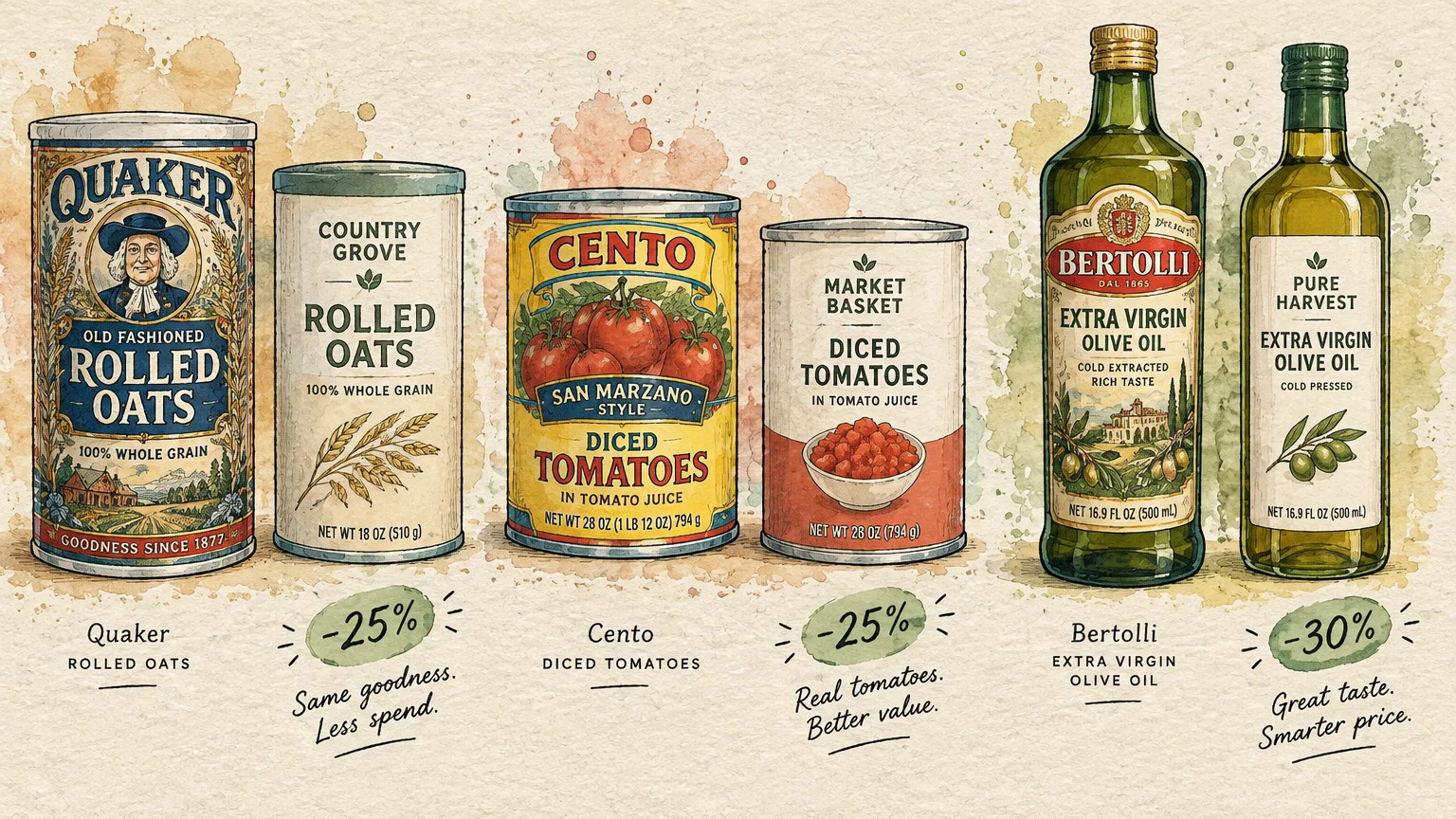 Illustration comparing brand-name oats, canned tomatoes, and olive oil side by side with cheaper store-brand versions.