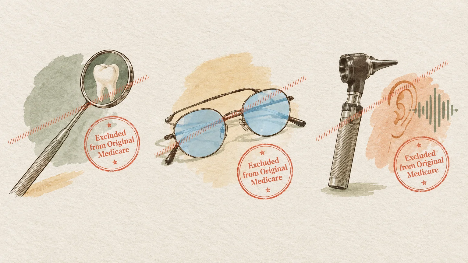Illustrated dental mirror, eyeglasses, and otoscope, each marked with a red stamp reading Excluded from Original Medicare.