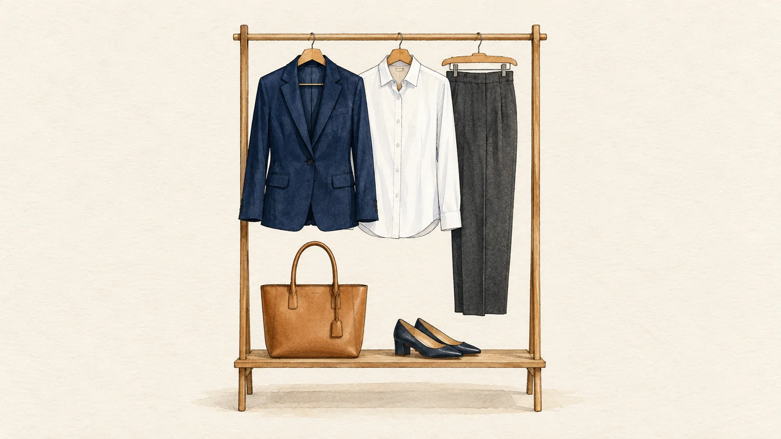 Watercolor illustration of a wooden clothing rack holding a navy blazer, white shirt, gray trousers, tote bag, and heels.