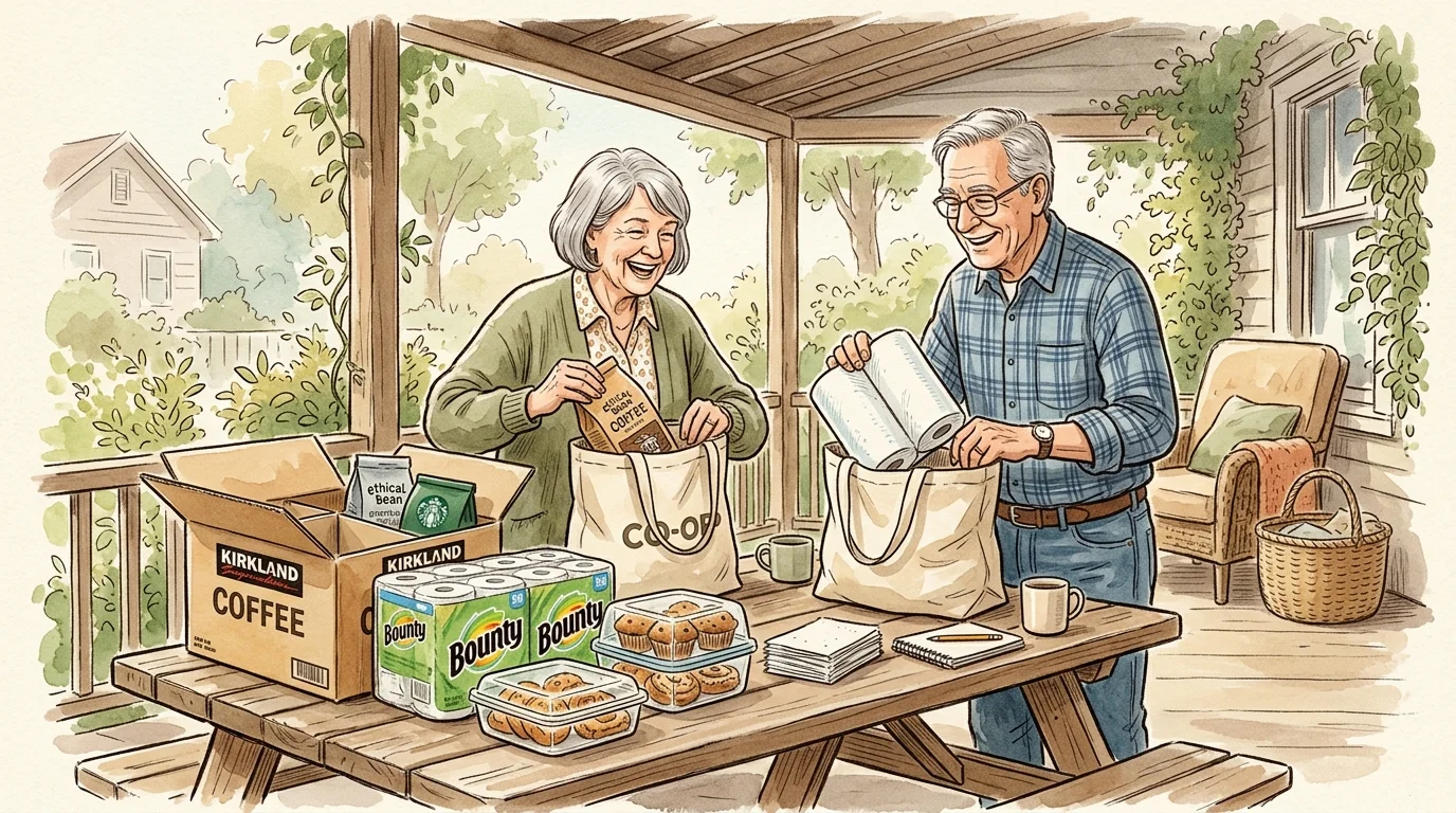Illustration of an older man and woman dividing groceries, coffee, and paper towels into tote bags on a porch picnic table.