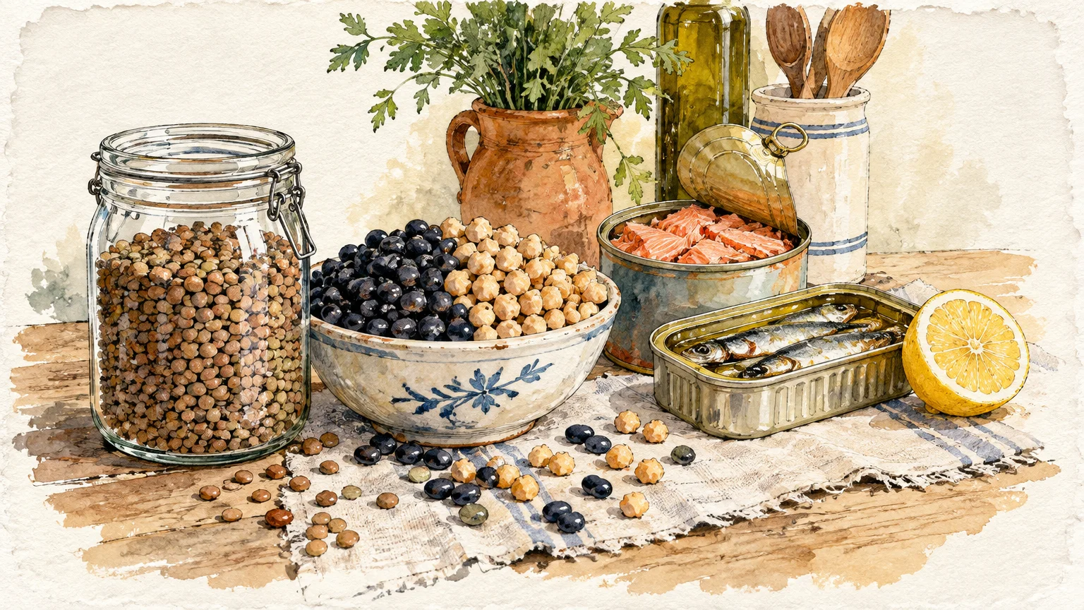 Watercolor illustration of lentils in a jar, beans in a bowl, opened tins of salmon and sardines, and a cut lemon.