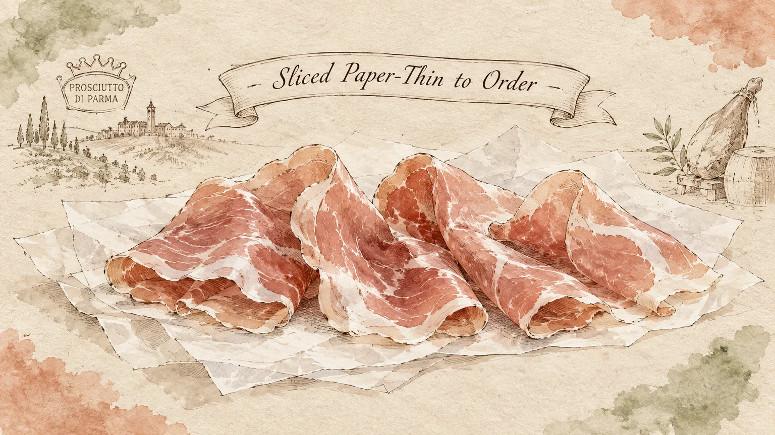 Illustration of thinly sliced ribbons of prosciutto arranged on paper with a banner reading Sliced Paper-Thin to Order.