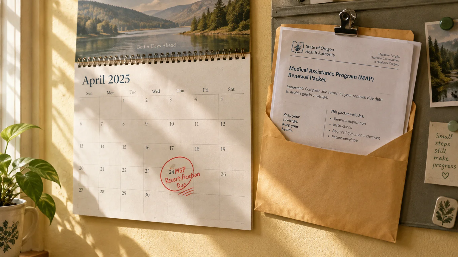 April 2025 wall calendar with April 24 circled for MSP recertification, beside an open renewal packet envelope.