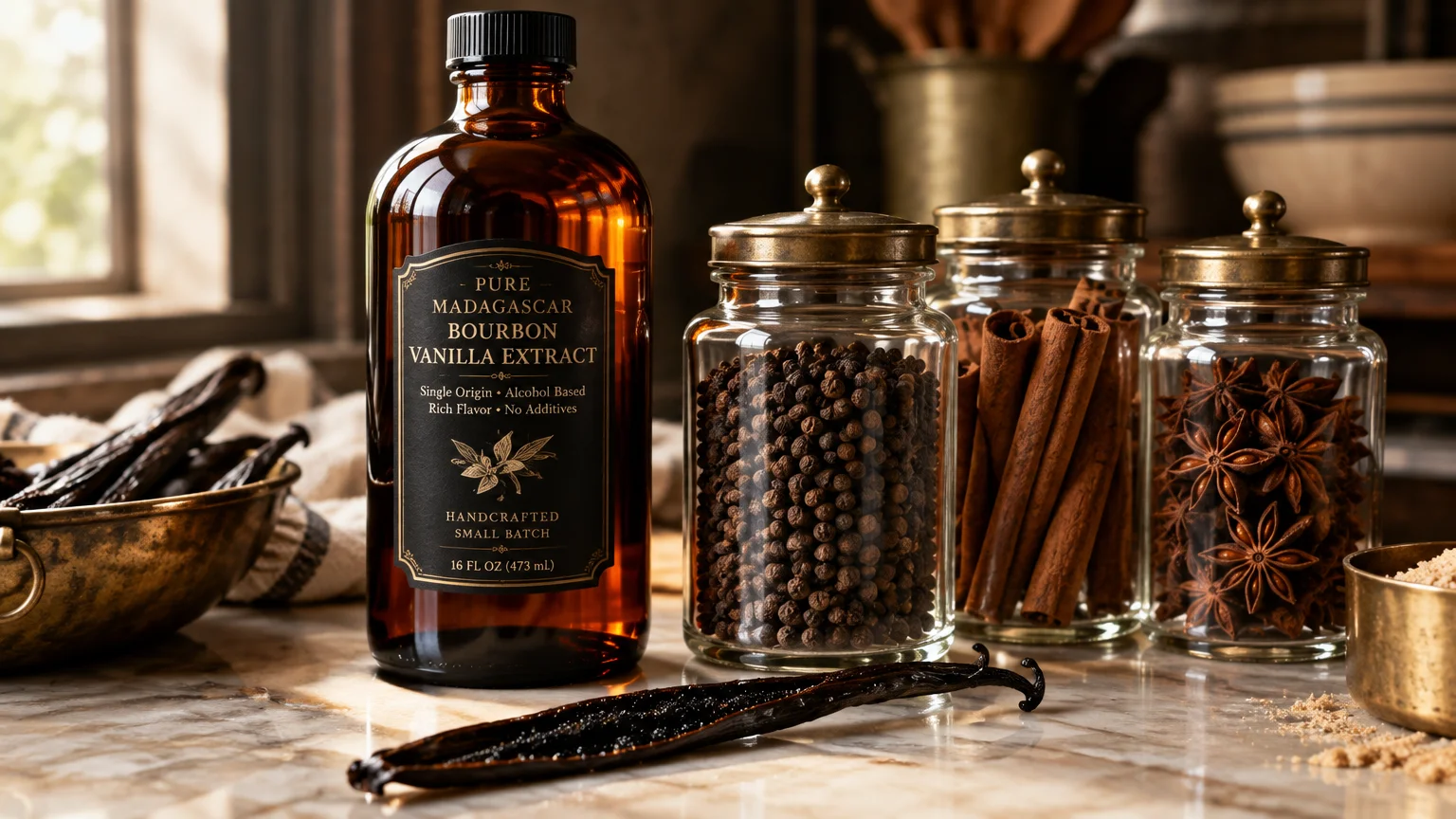 Amber glass bottle of vanilla extract next to glass jars filled with whole peppercorns, cinnamon sticks, and star anise.