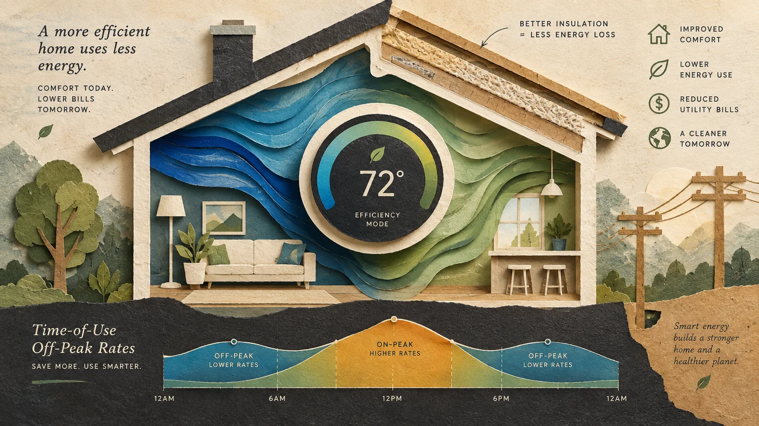 Paper cut collage of a house cross-section featuring a central thermostat and a time-of-use rate graph below.