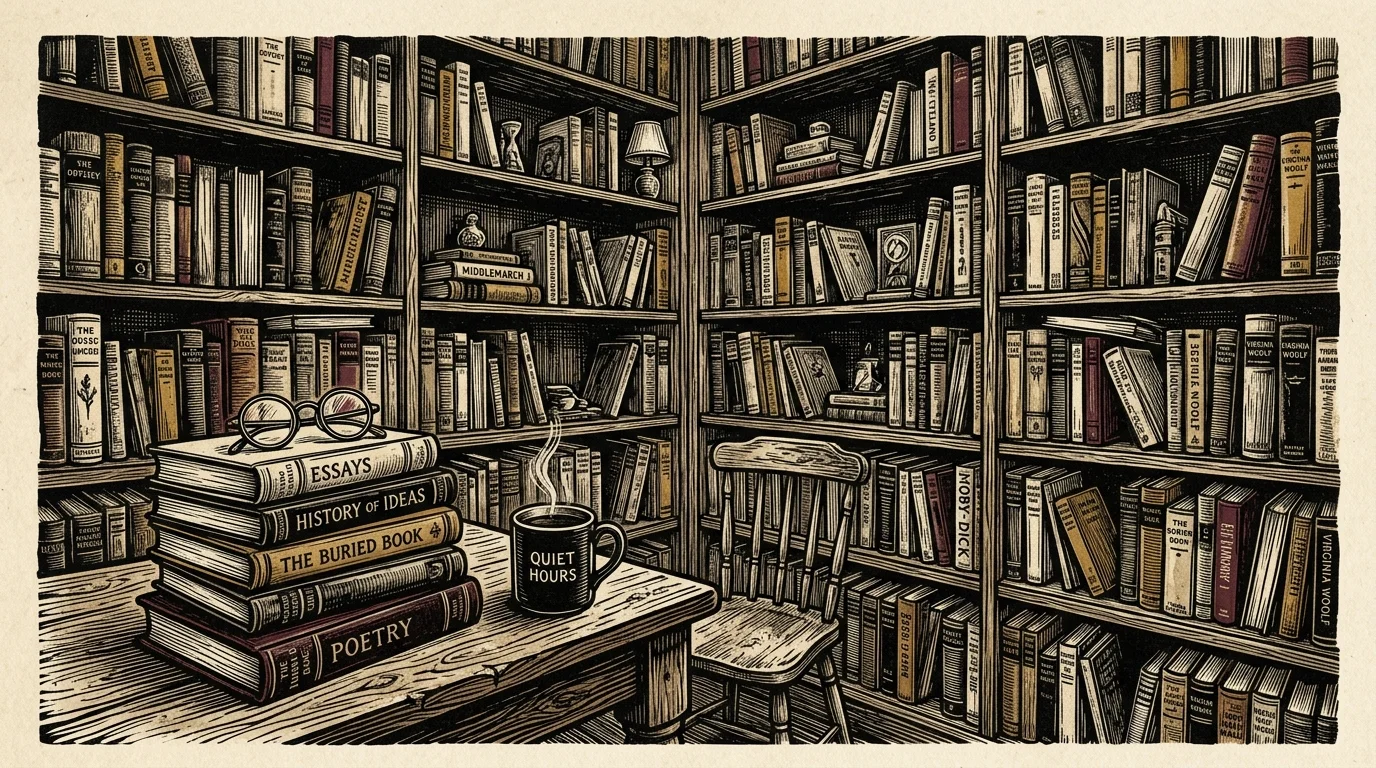 Woodcut illustration of floor-to-ceiling bookshelves surrounding a wooden desk with a stack of books, eyeglasses, and a mug.
