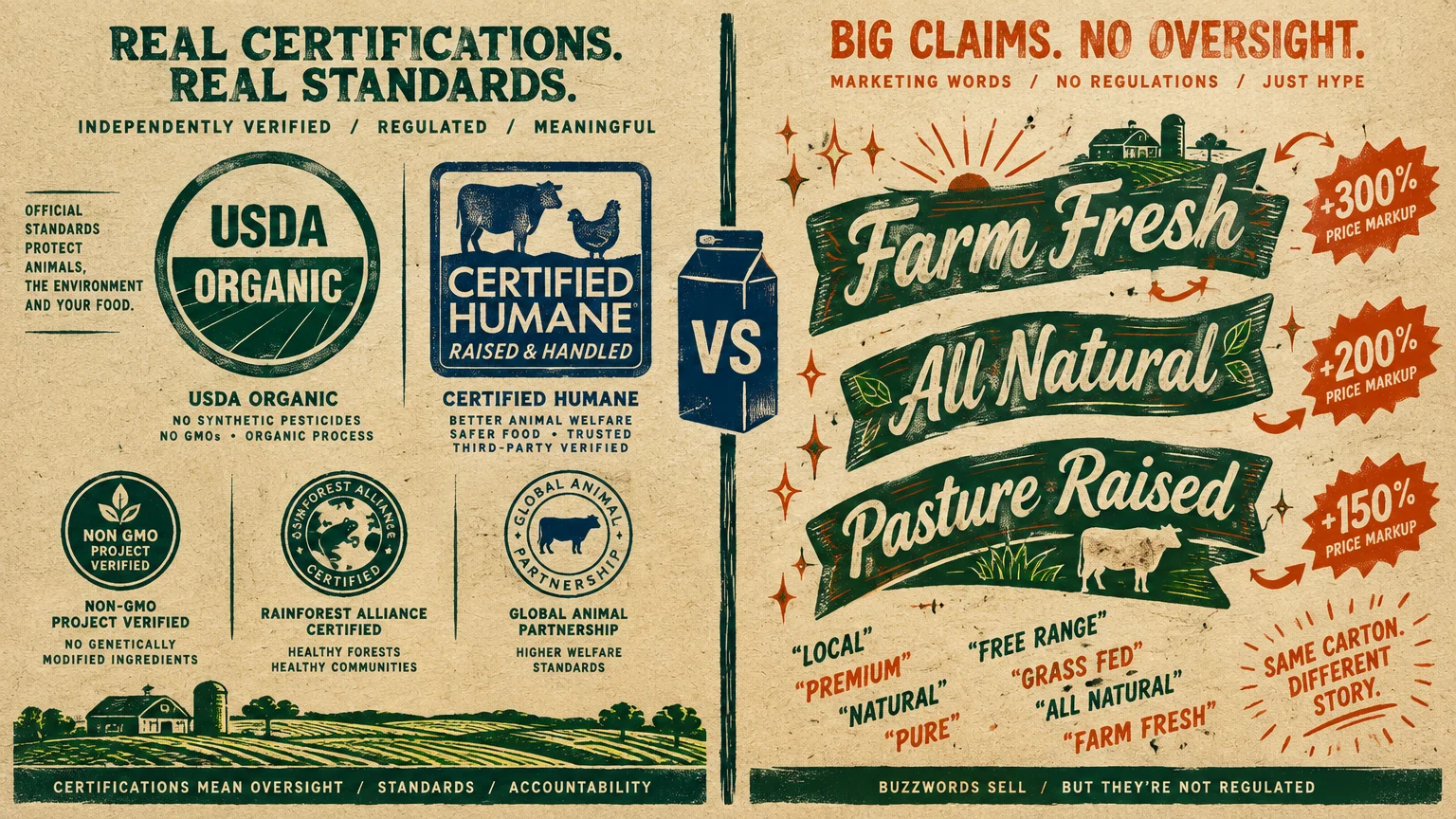 Split graphic comparing official food certification seals against unregulated marketing buzzwords and price markups.