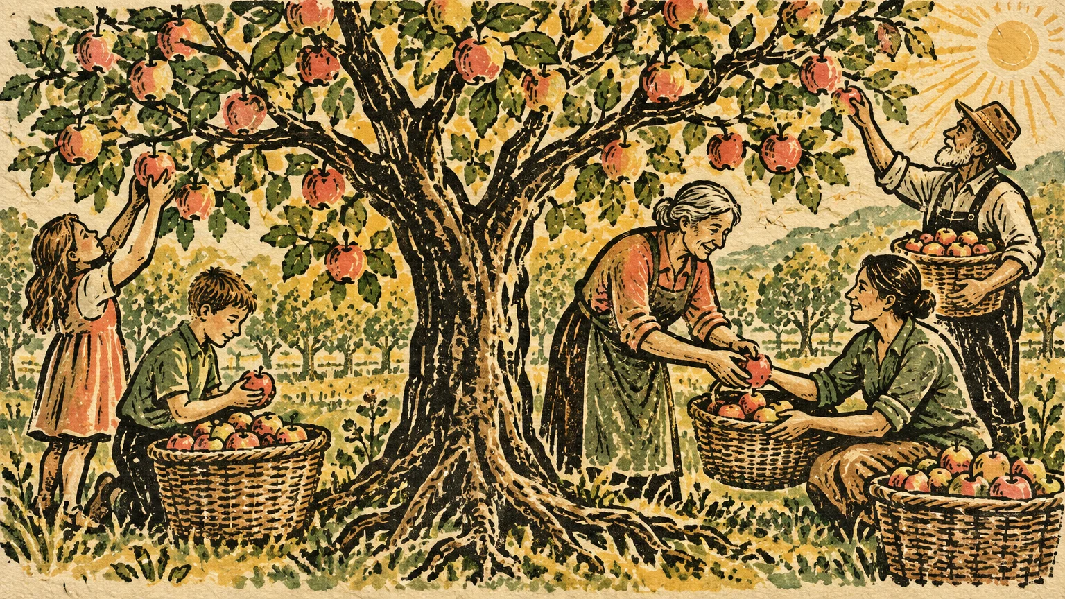 Folk-style illustration of an older couple, a woman, and two children harvesting red apples from a large orchard tree.