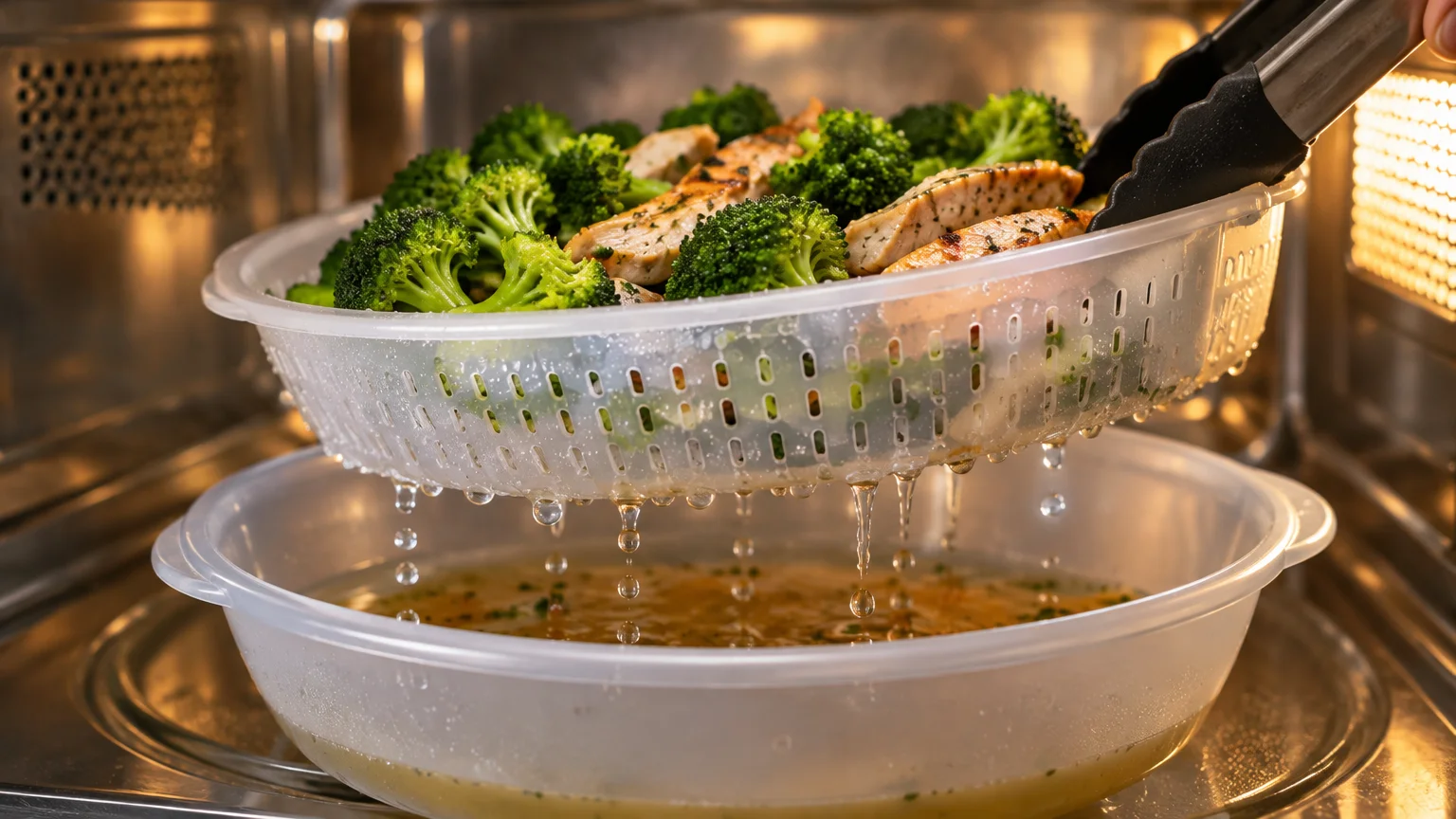 Tongs lifting a plastic steamer basket filled with broccoli and chicken above a bowl of sauce inside a microwave.