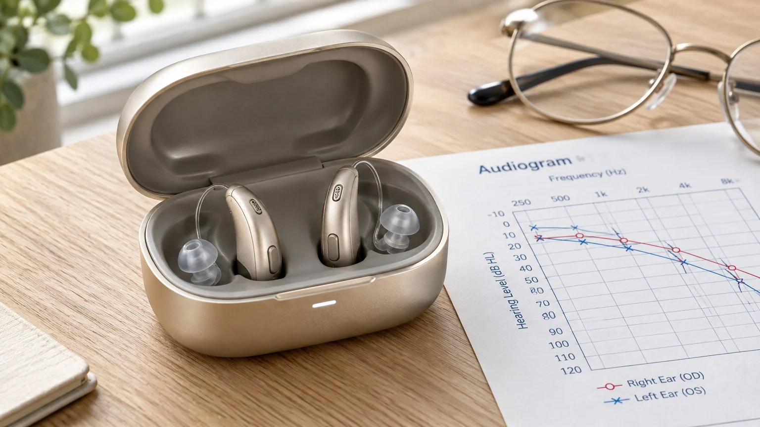 A pair of hearing aids in an open charging case beside an audiogram chart and eyeglasses on a desk.