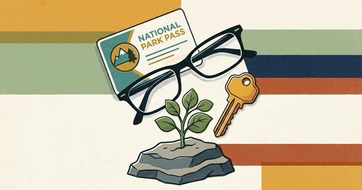 Retro illustration of black eyeglasses, a national park pass card, a gold key, and a small green plant growing from rock.