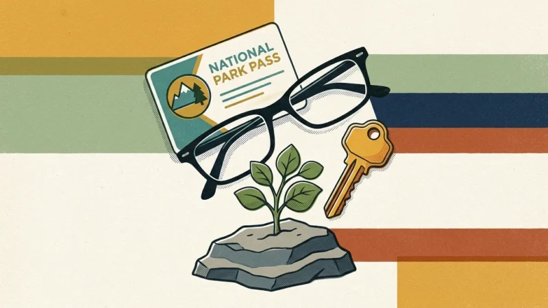 Retro illustration of black eyeglasses, a national park pass card, a gold key, and a small green plant growing from rock.