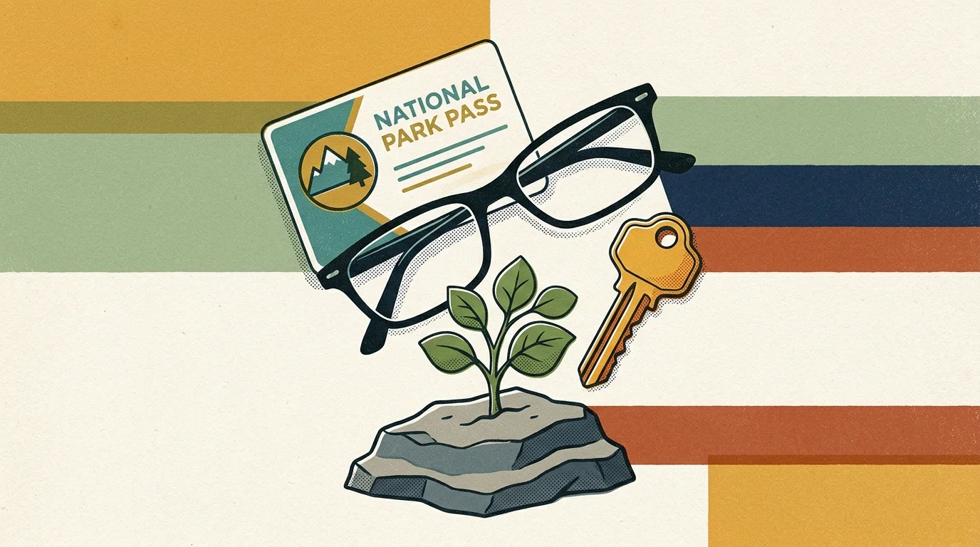 Retro illustration of black eyeglasses, a national park pass card, a gold key, and a small green plant growing from rock.