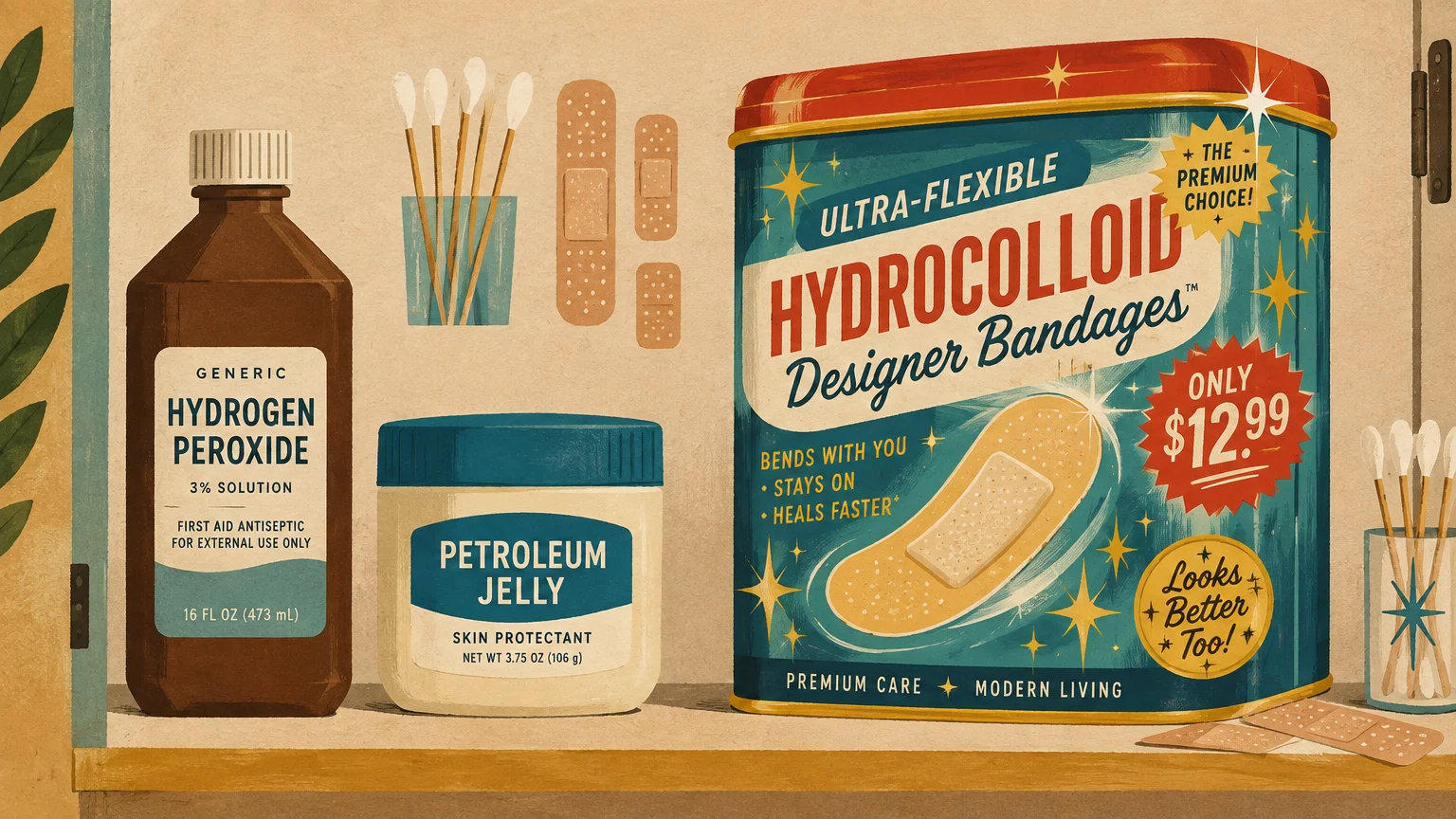 Illustration of generic hydrogen peroxide and petroleum jelly beside an expensive tin of designer hydrocolloid bandages.