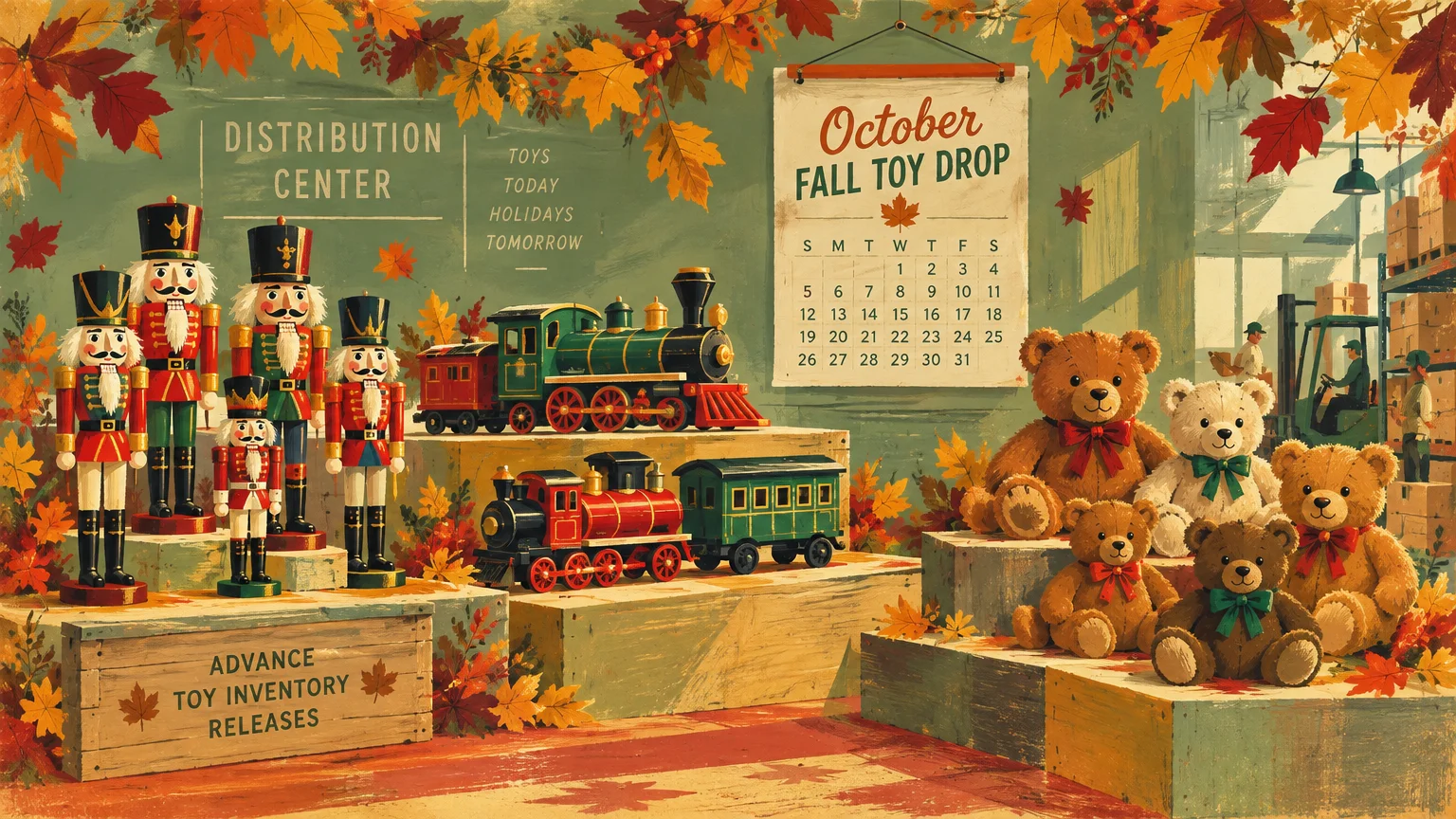 Illustration of nutcrackers, toy trains, and teddy bears displayed with autumn leaves and an October calendar.