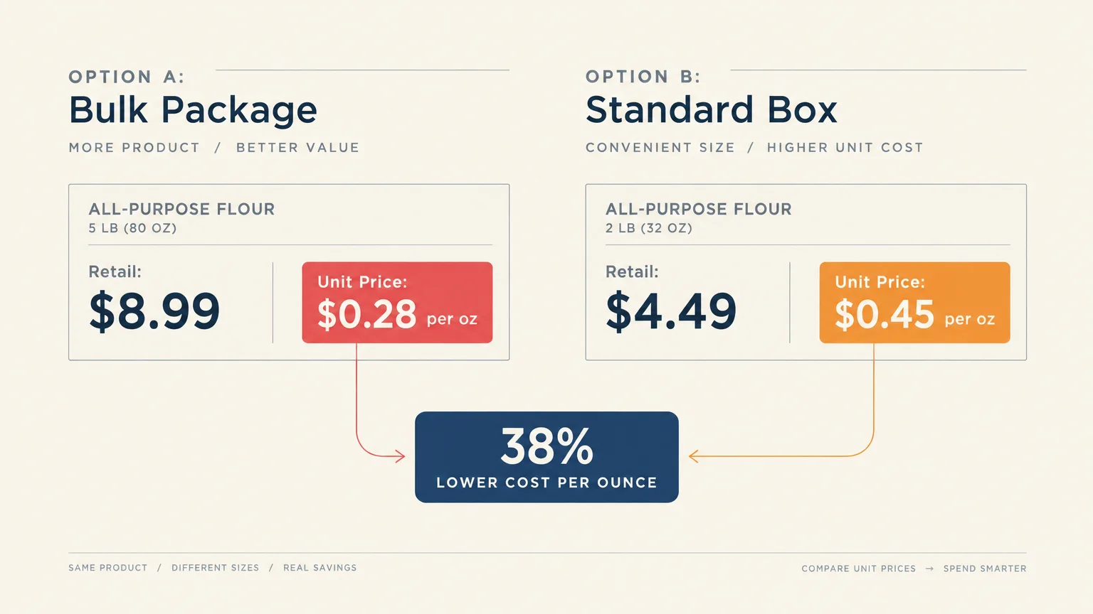 Diagram comparing unit prices for bulk and standard flour, showing a 38% lower cost per ounce for the bulk package.