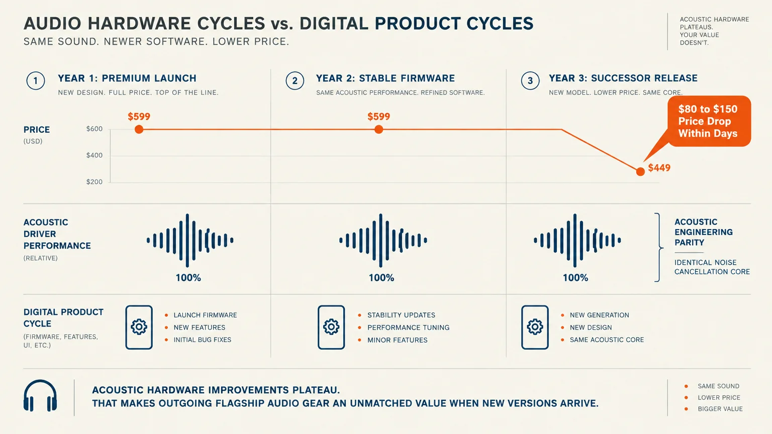Diagram tracking headphone prices and acoustic driver performance over three years, highlighting an $80 to $150 price drop.