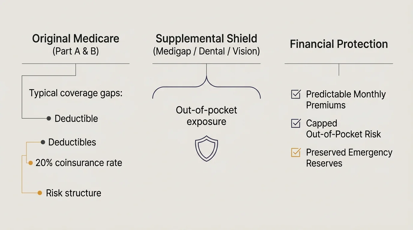 Diagram contrasting Original Medicare coverage gaps with a supplemental shield to achieve financial protection.