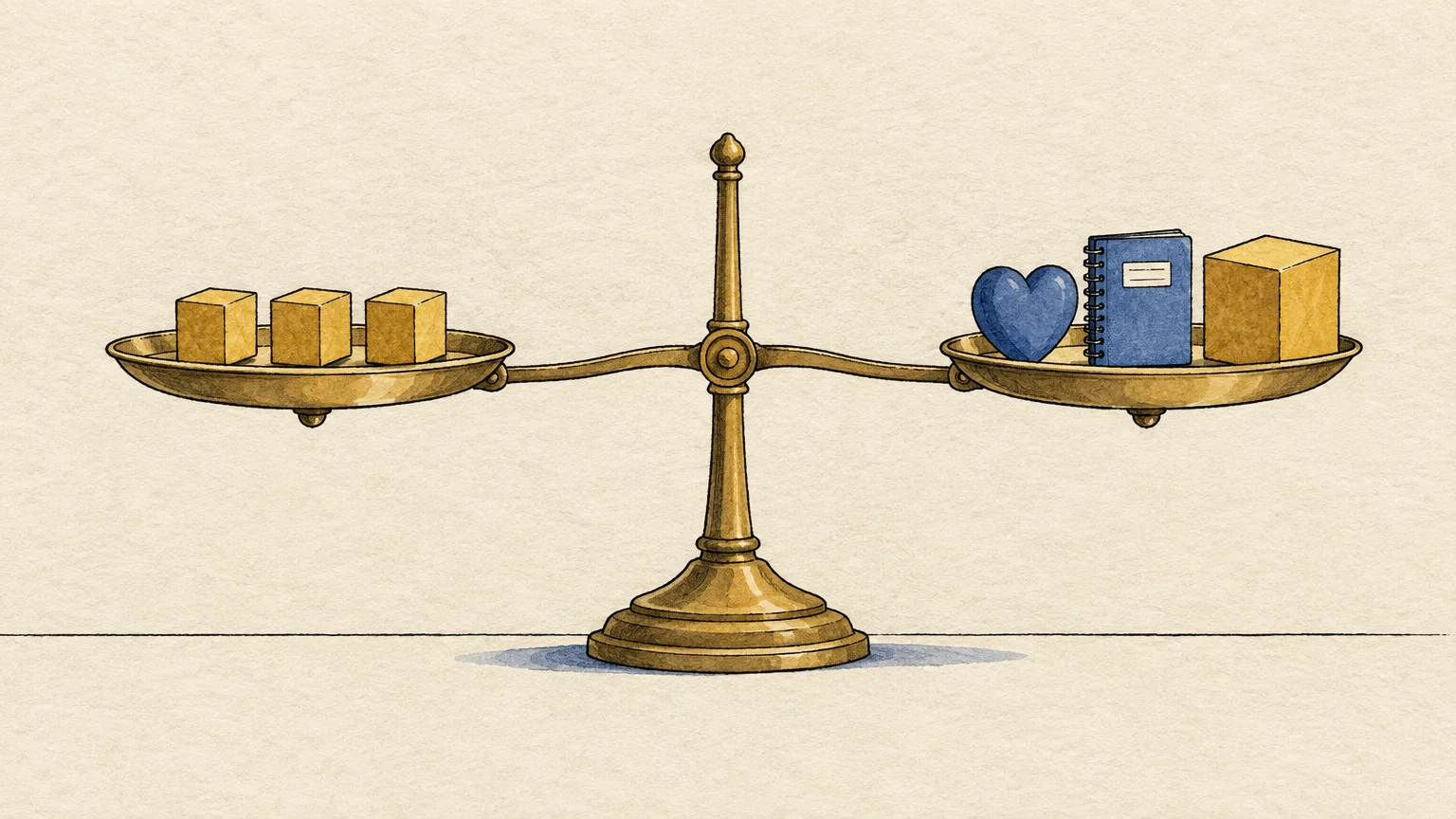 Brass balance scale holding three small yellow blocks on the left and a blue heart, notebook, and block on the right.