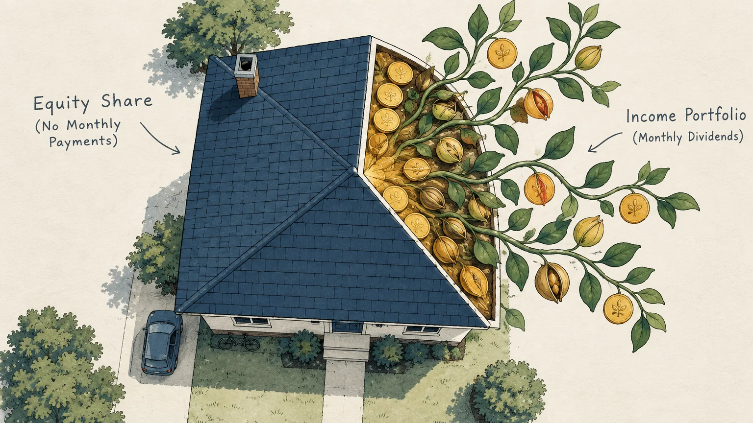 Overhead illustration of a house with half its roof replaced by a flowering money tree growing out into gold coins.