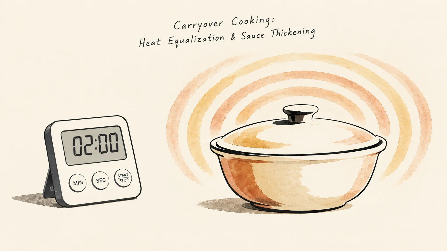 Illustration of a digital timer displaying 02:00 beside a covered dish with radiating heat waves.