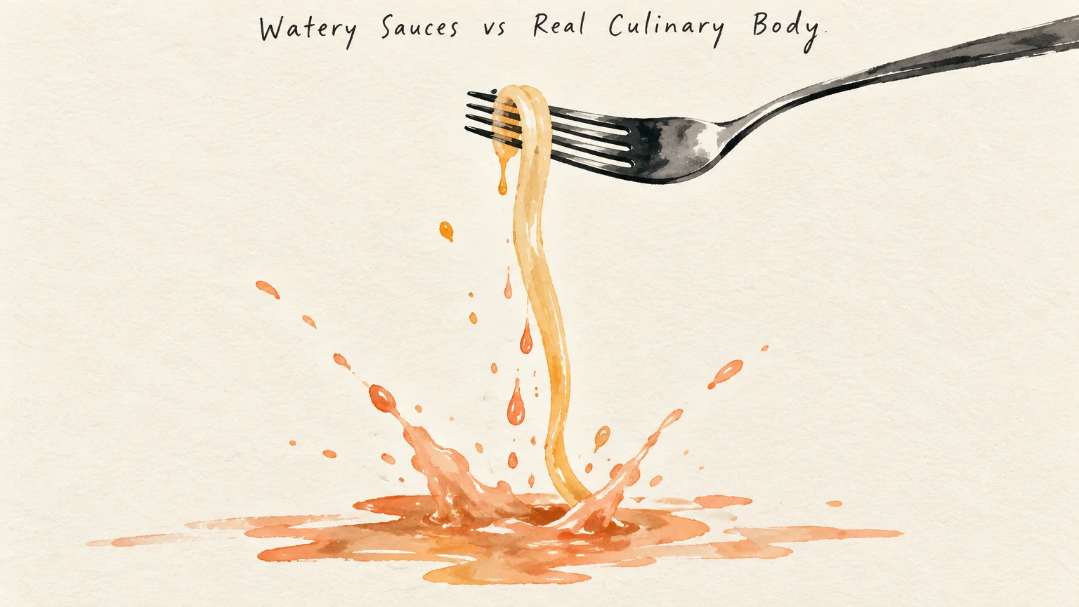 Watercolor illustration of a single noodle on a fork dripping into a splash of watery sauce.