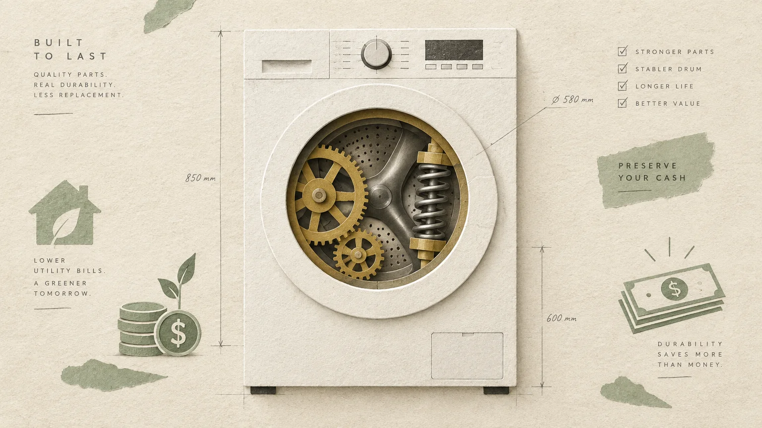 Paper collage diagram of a washing machine showing internal gears, surrounded by technical specs and savings graphics.