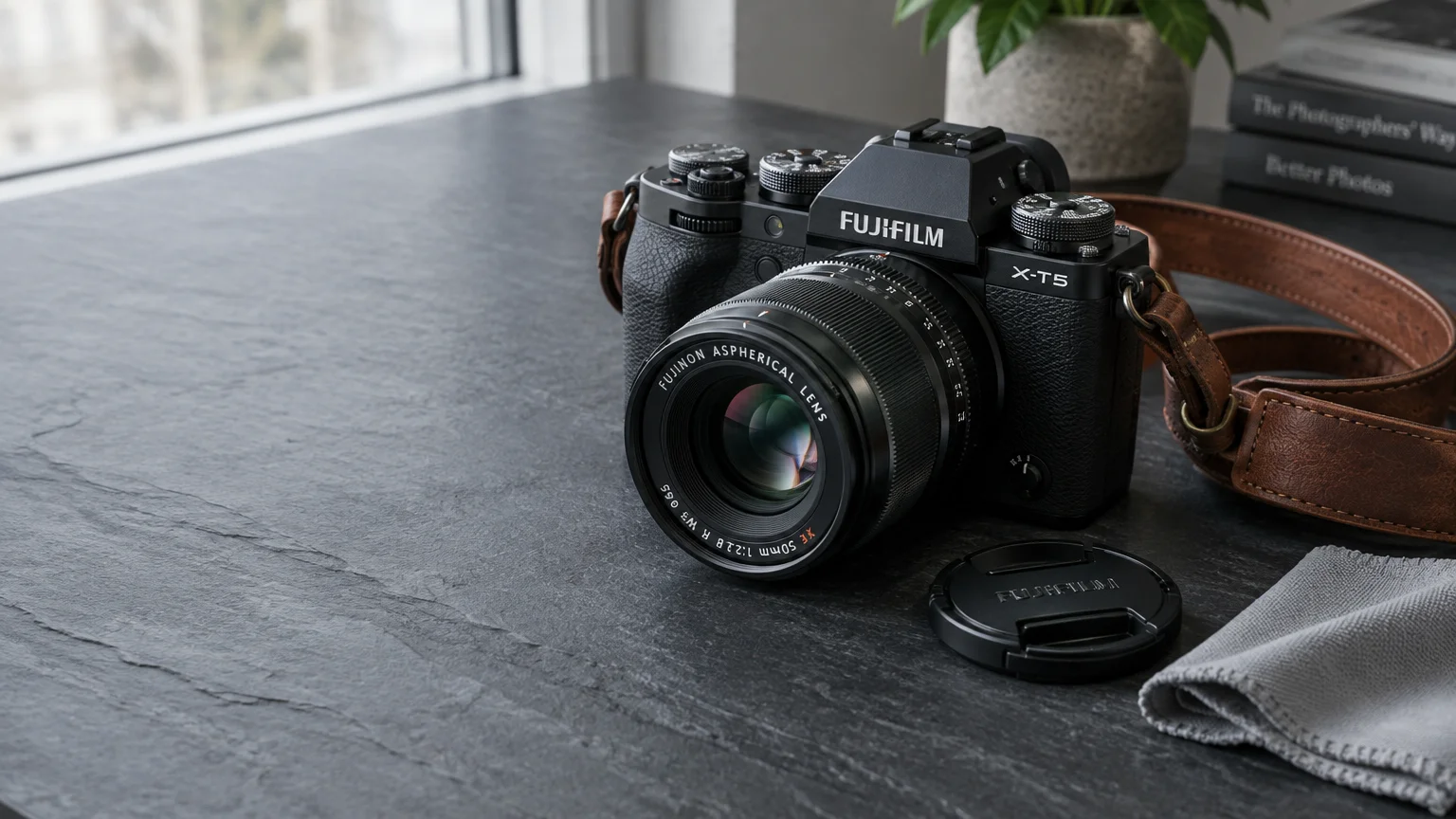 Black Fujifilm X-T5 mirrorless camera with prime lens, leather strap, lens cap, and cleaning cloth on a dark stone table.