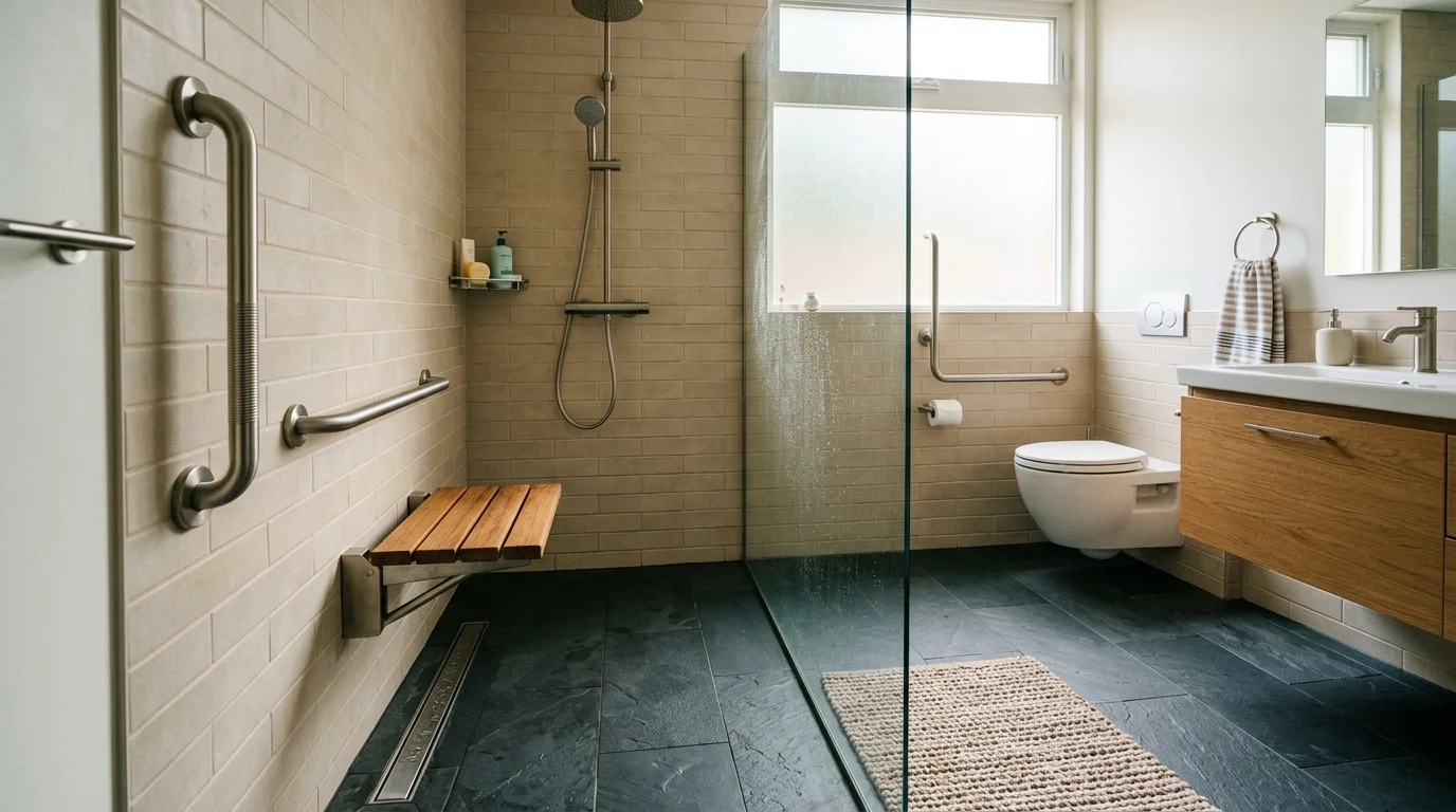 Accessible bathroom featuring a walk-in shower, wall-mounted safety grab bars, a folding wooden bench, and slate floor tiles.