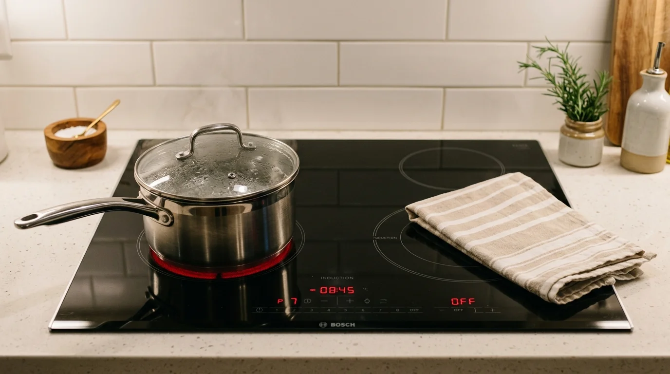 Stainless steel pot boiling on a sleek black induction cooktop next to a folded kitchen towel on the counter.