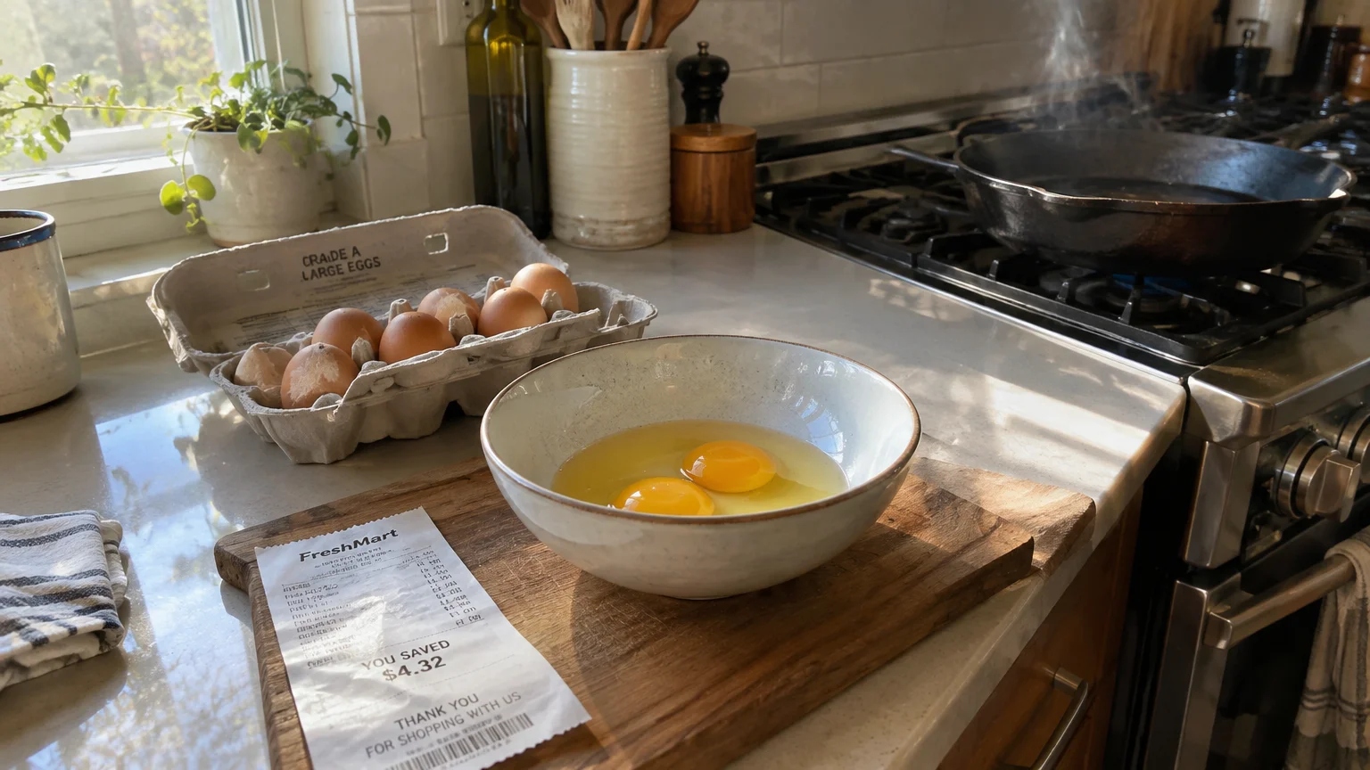 A bowl with cracked raw eggs, an open carton, a grocery receipt, and a cast-iron skillet on a kitchen counter.