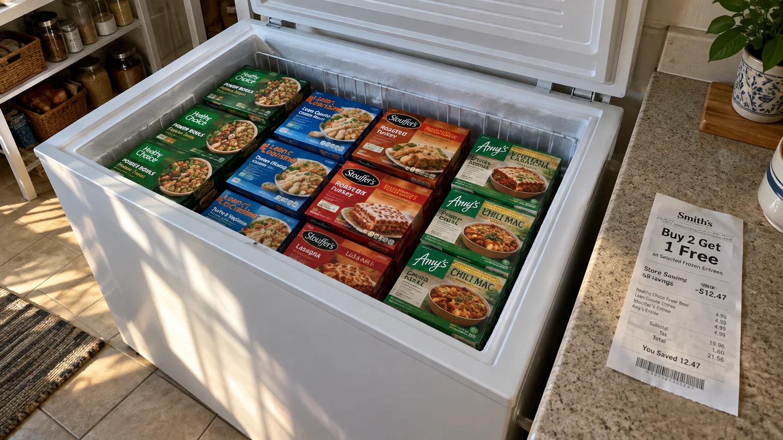 Open chest freezer filled with neatly stacked frozen meals next to a grocery receipt showing promotional savings.