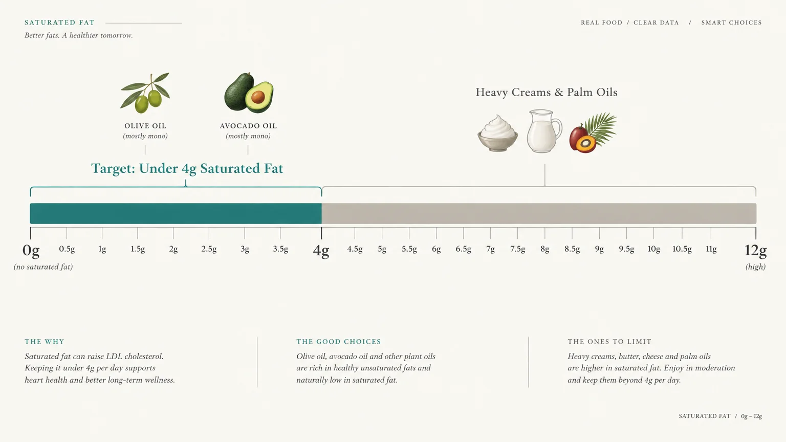Diagram showing a saturated fat scale from 0g to 12g, highlighting a green target zone under 4g.