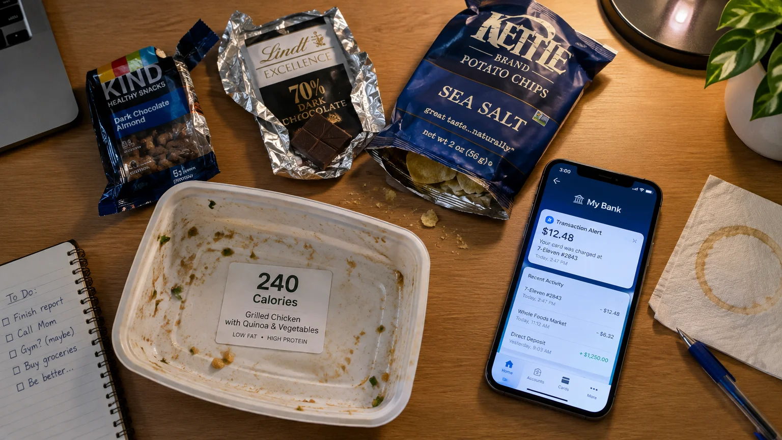 Empty frozen meal container labeled 240 calories beside opened snack packages and a smartphone displaying a banking alert.