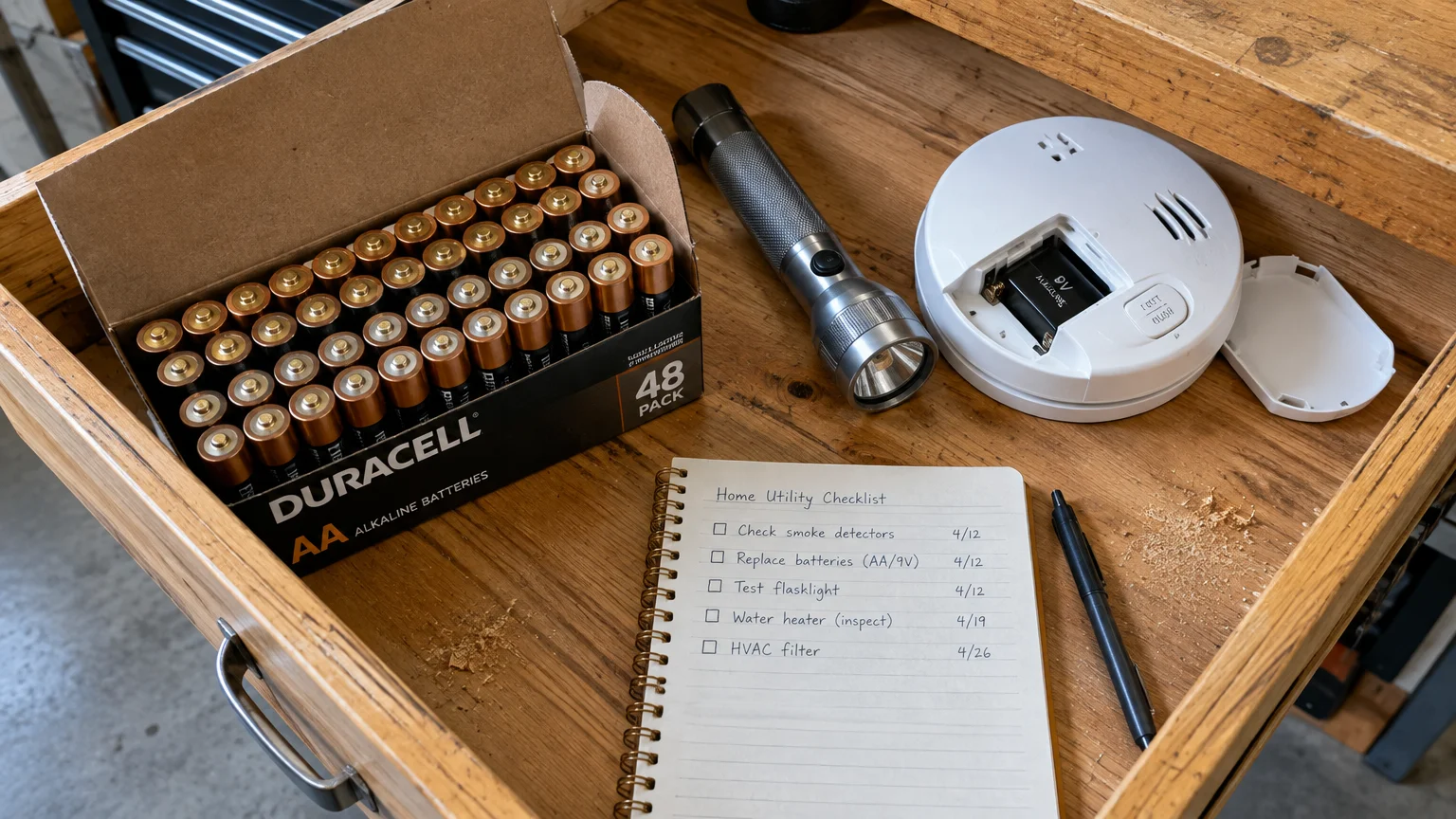 An open drawer holding a 48-pack carton of AA batteries, a metal flashlight, a smoke detector, and a checklist notepad.
