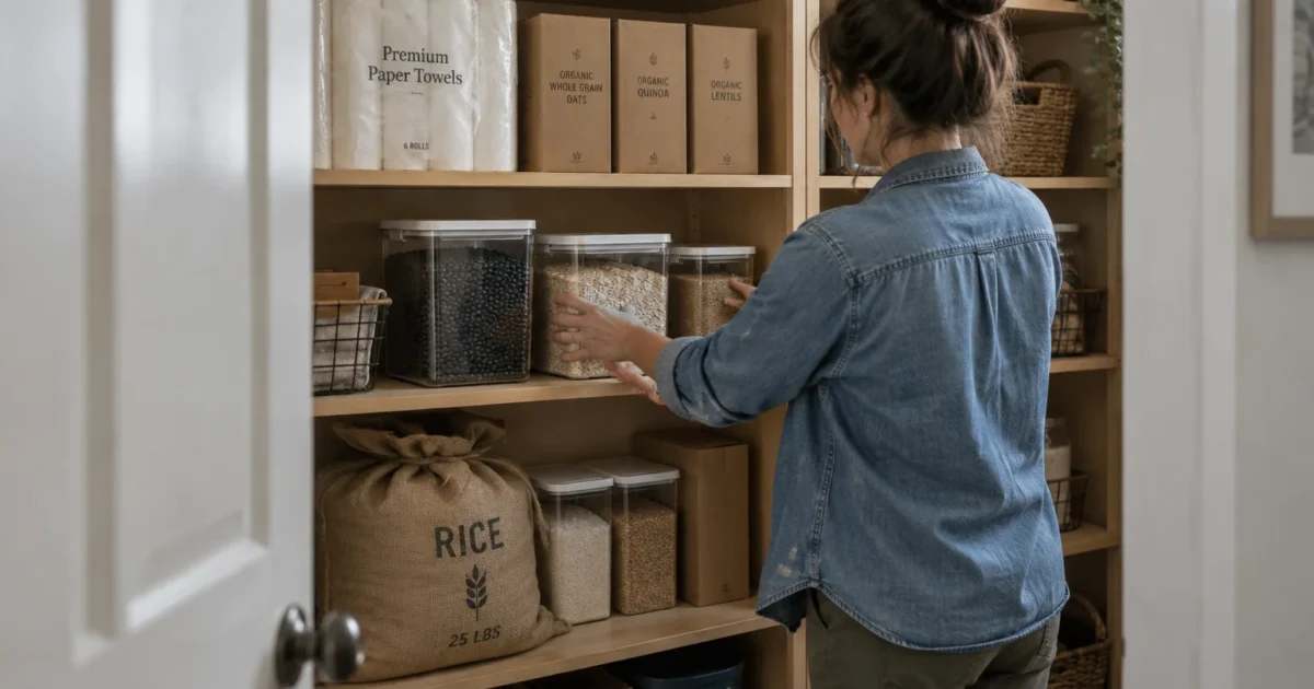 A woman in a denim shirt organizes clear food containers and a large sack of rice on wooden pantry shelves.