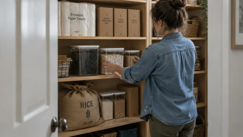 A woman in a denim shirt organizes clear food containers and a large sack of rice on wooden pantry shelves.