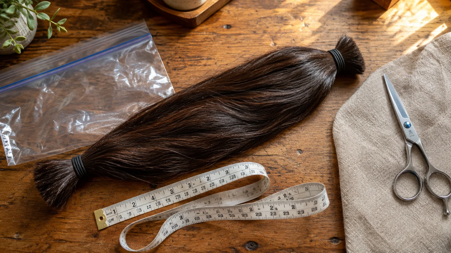 A ponytail bundle tied at both ends rests on a wooden table beside a measuring tape, scissors, and a plastic bag.