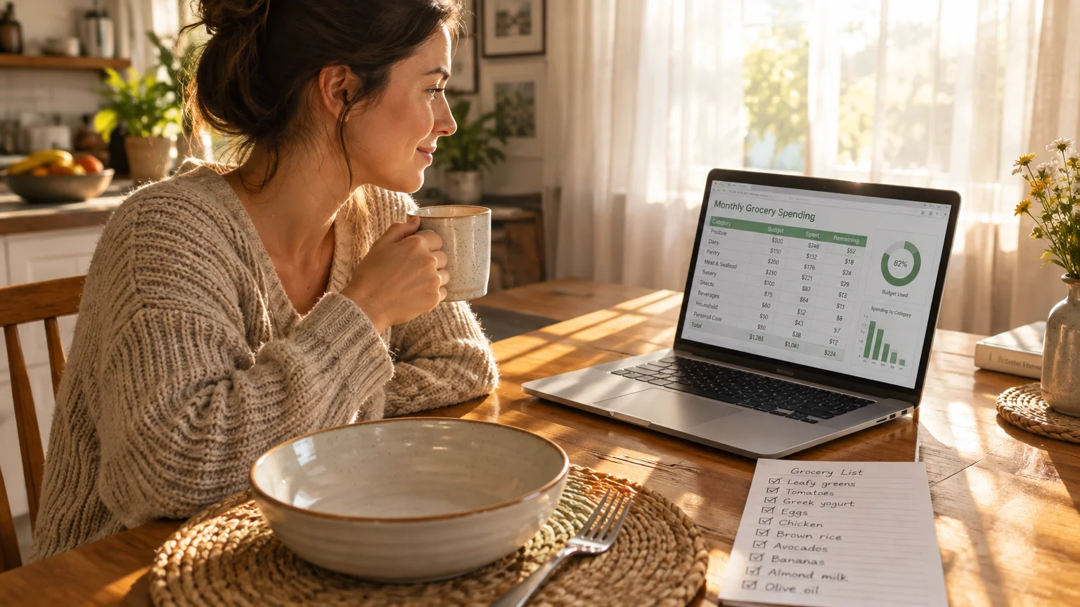 A woman drinking coffee at a wooden table while reviewing a monthly grocery spending spreadsheet on a laptop.