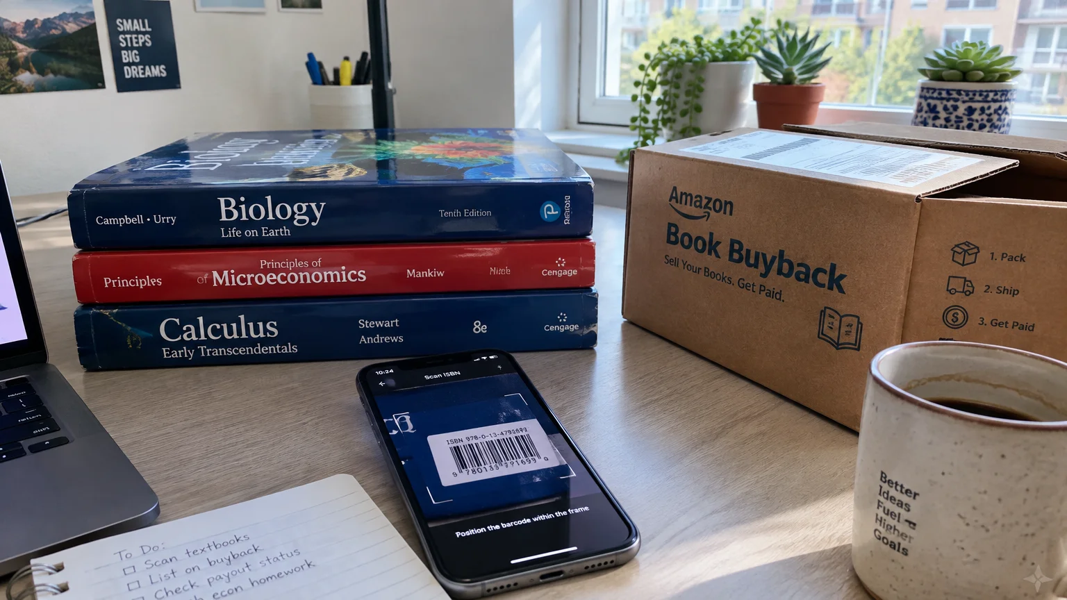 A smartphone scans a textbook ISBN barcode on a desk next to a stack of books and a buyback shipping box.