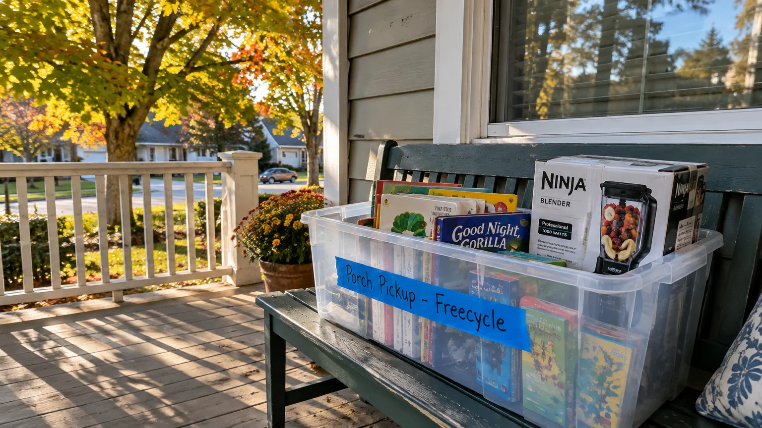 A plastic bin filled with books and a boxed blender sits on a front porch bench labeled Porch Pickup - Freecycle.