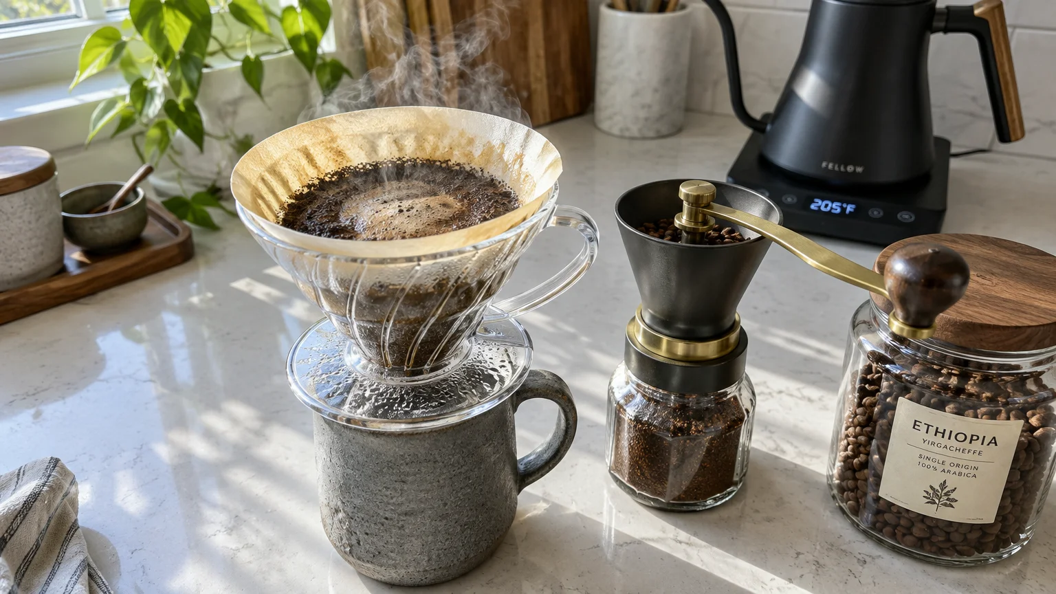 Steaming pour-over coffee dripper on a ceramic mug beside a manual coffee grinder, electric kettle, and jar of beans.