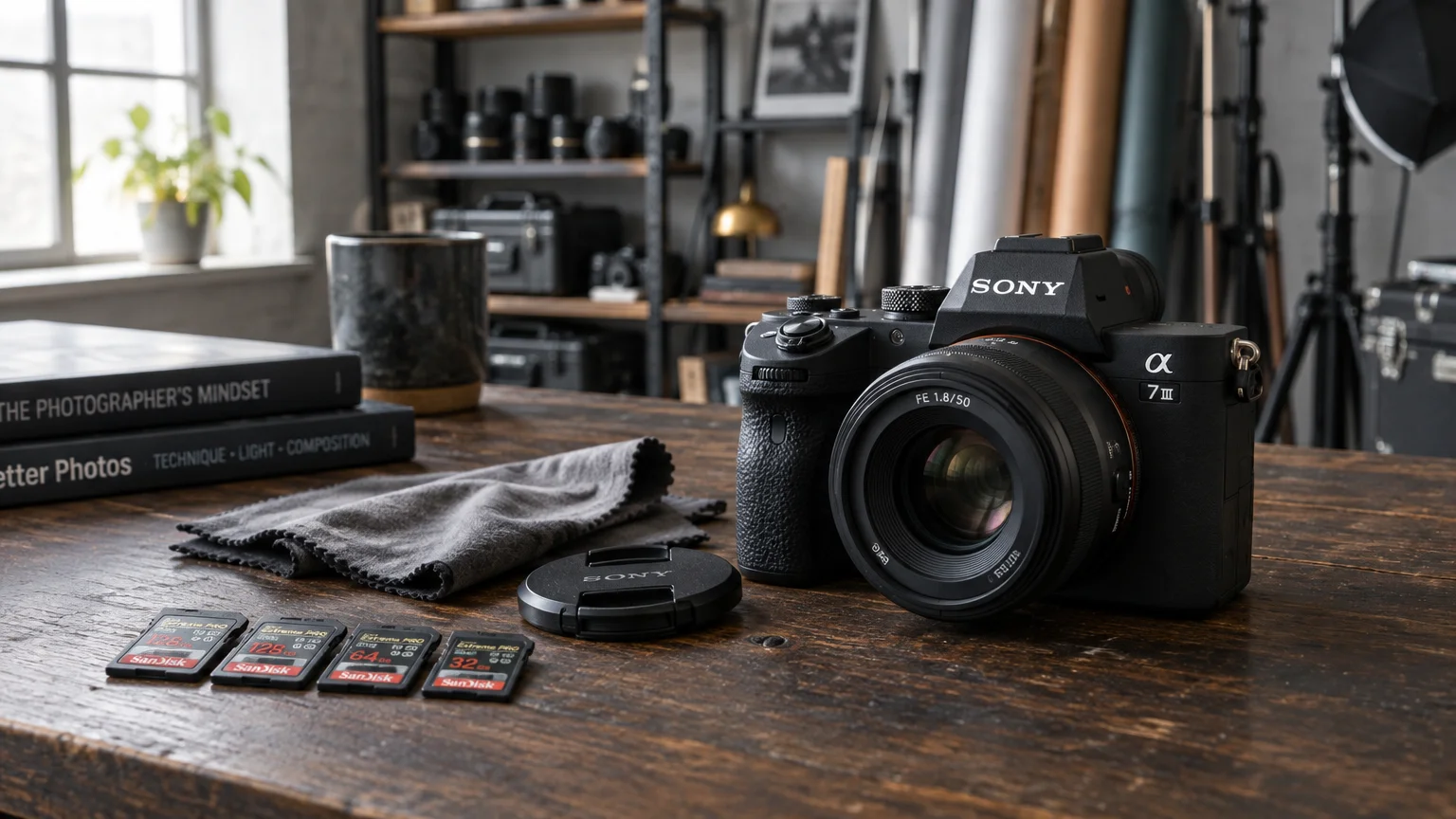 A Sony mirrorless camera sits on a wooden desk beside memory cards, a cleaning cloth, books, and photography gear.