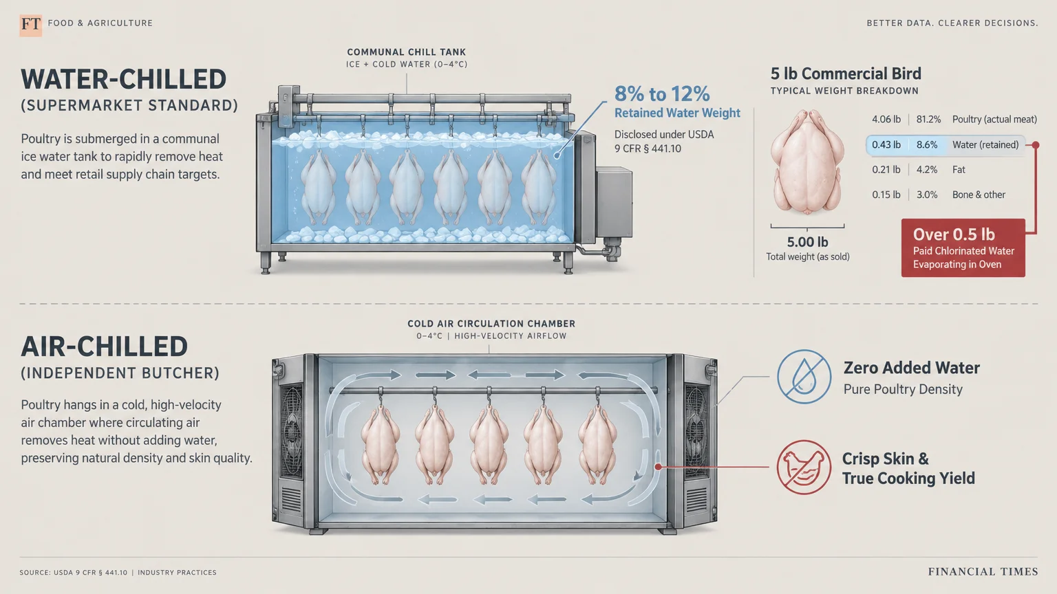 Diagram comparing water-chilled poultry in a communal tank with air-chilled poultry in a cold circulation chamber.