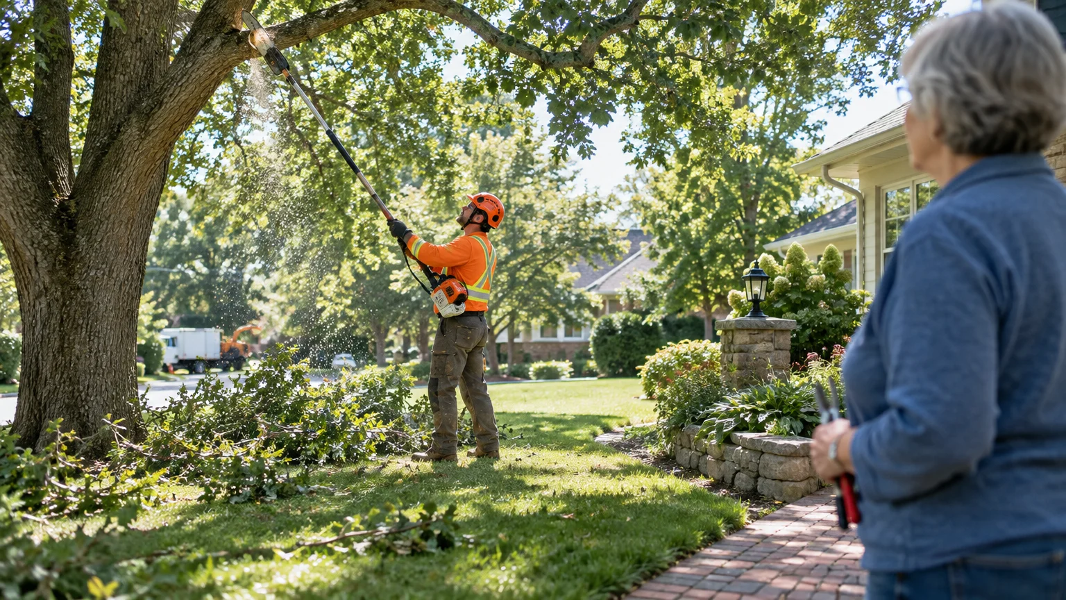 A landscaper using a pole saw to prune high tree branches in a residential yard while a senior woman watches nearby.