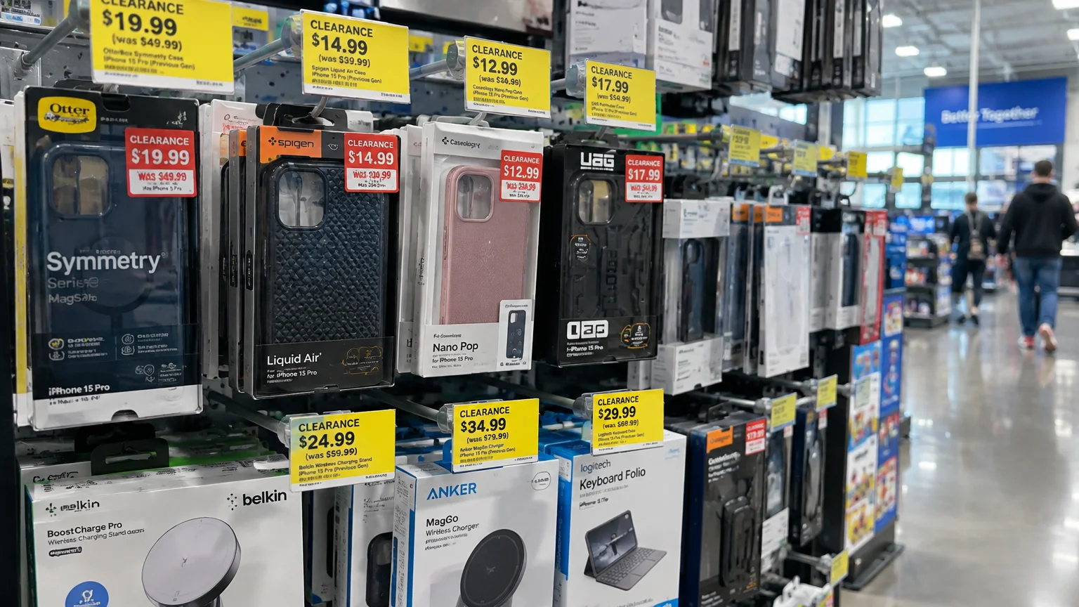 Shelves in an electronics store stocked with phone cases and accessories bearing bright yellow clearance price tags.