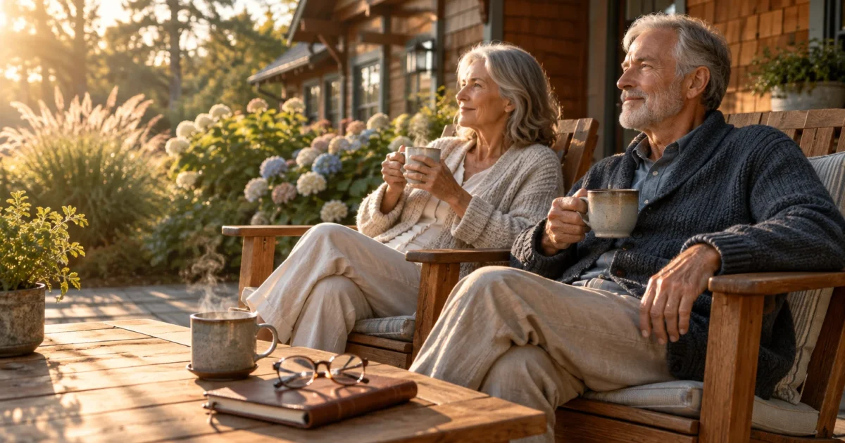 Older couple sitting in wooden chairs on a sunlit patio holding mugs outside a rustic home.