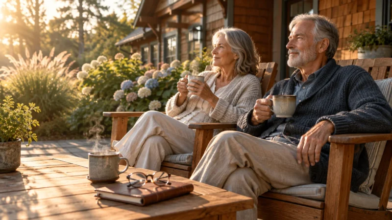 Older couple sitting in wooden chairs on a sunlit patio holding mugs outside a rustic home.