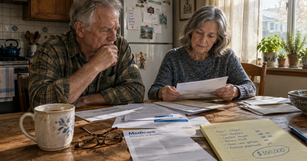 An older couple sitting at a wooden kitchen table solemnly reviewing Medicare paperwork and financial notes.
